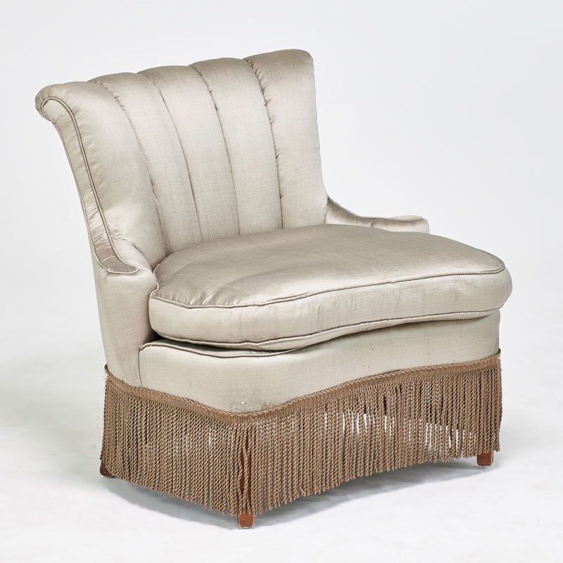 GROSFELD HOUSE: Boudoir chair, USA, ca. 1940; Stained wood, raw silk upholstery, fringe; Unmarked; 31" x 35" x 27"