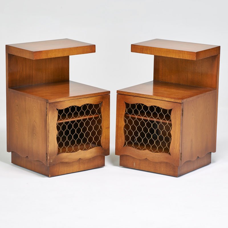 GROSFELD HOUSE: Pair of nightstands, USA, ca. 1940; Mahogany, brass; Unmarked; 29 3/4" x 18" x 19"