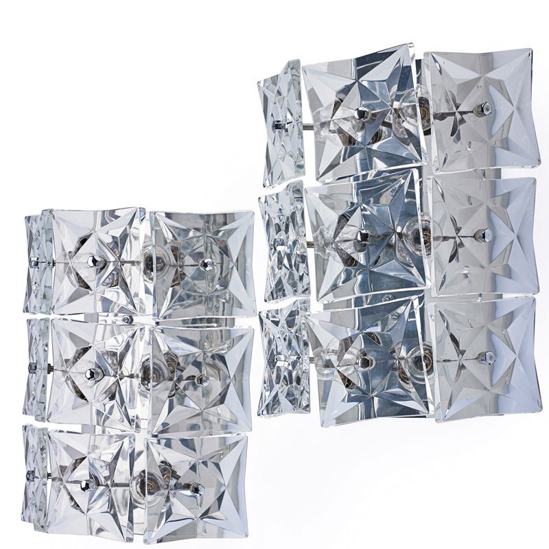 KINKELDEY: Pair of sconces, Austria, 1960s; Faceted glass, enameled and polished aluminum, six sockets each; Unmarked; 12" x 10" x 5"