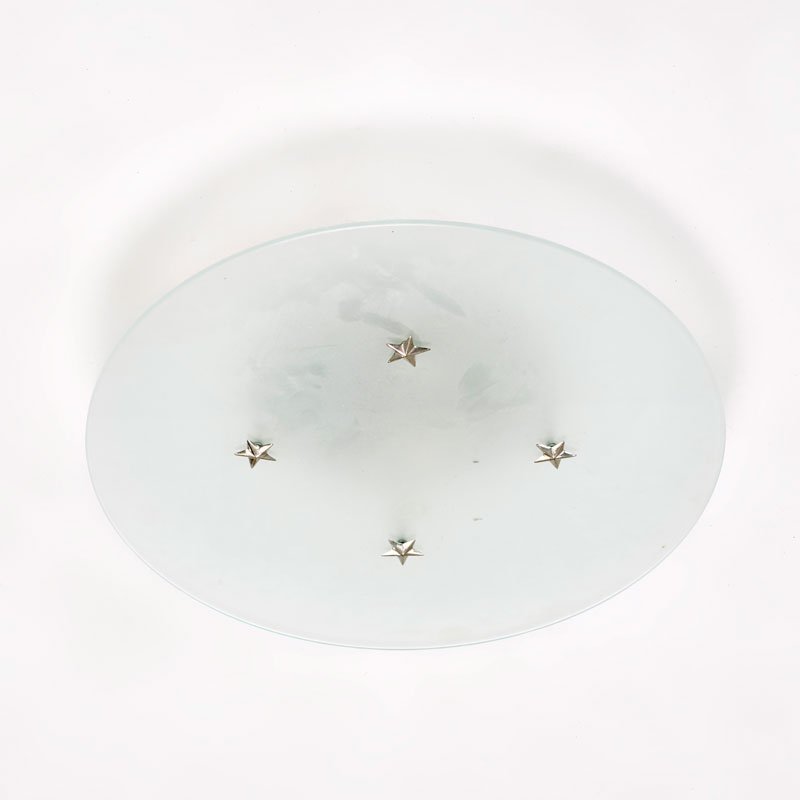 EUROPEAN: Flush mount ceiling fixture, ca. 1950s; Glass, metal; Unmarked; 4 1/2" x 19" dia.