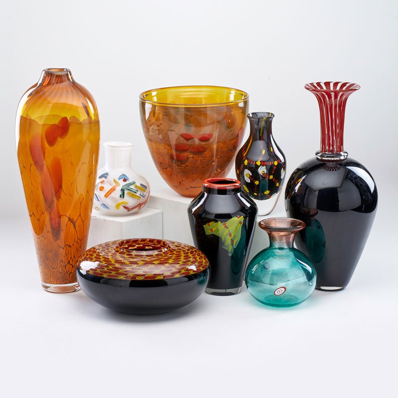 CONTEMPORARY ART GLASS: Eight pieces: Steven Main vase and matching bowl, two Sam Stang vases, two Mark Lewis vases, LaBarbara vase, and Hanson vase; All with etched signature, some dated; Tallest: 17" x 5 1/2" x 4"