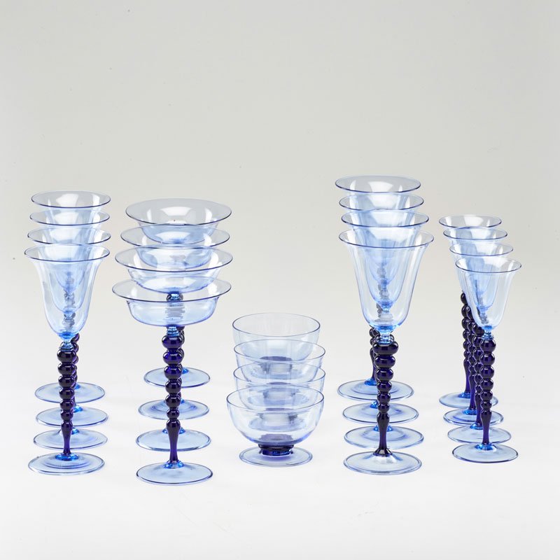 CAPPELLINI: 20 Piece stemware set, service for four: water and wine goblets, champagne saucers, cordial glasses and sorbet, later 20th c.; Unmarked, water: 9 1/4" x 3 1/2" dia.