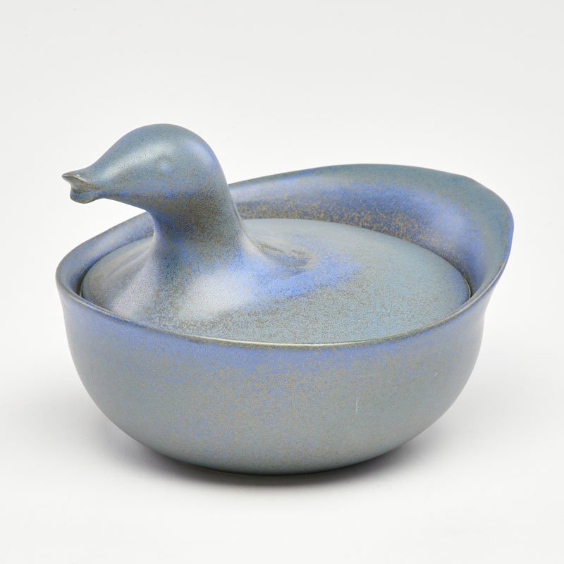 EVA ZEISEL; GREAT WESTERN STONEWARE: Rare lidded earthenware vessel in the form of a duck, microcrystalline glaze, Monmouth, IL, 1940s; Unmarked; 5" x 7" x 6"