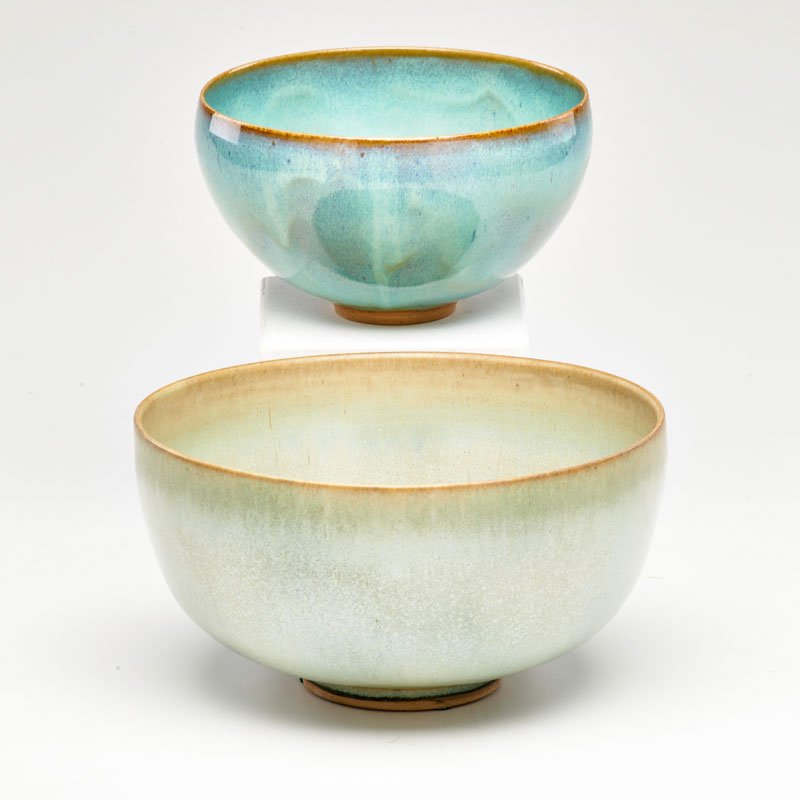 EDWIN & MARY SCHEIER: Two ceramic bowls with mottled glazes, USA, mid-late 20th c.; Incised signature to both; Larger: 4" x 7 3/4" dia.