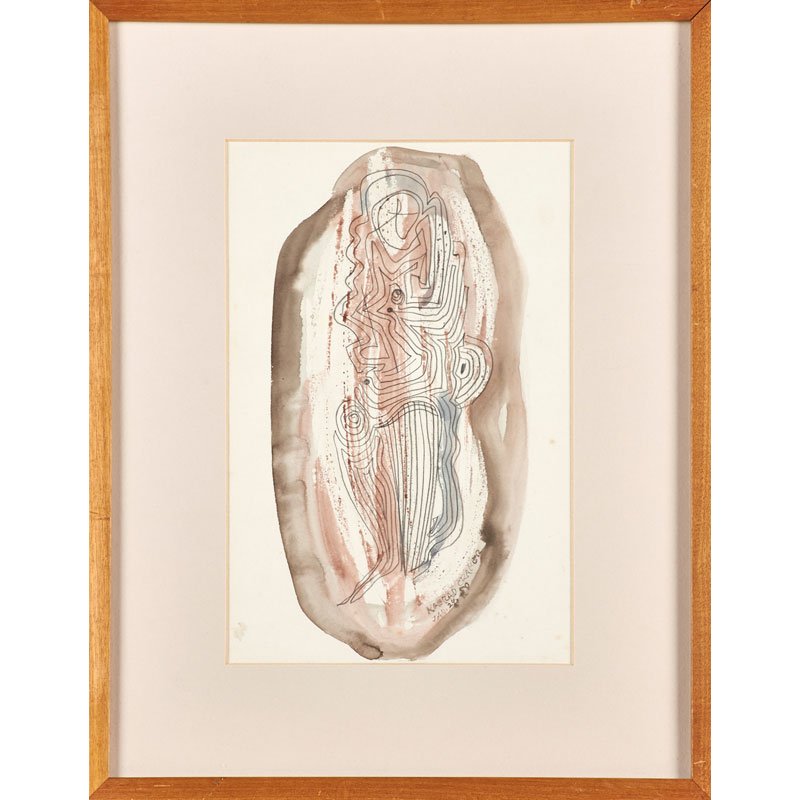 KONRAD CRAMER (American/German, 1888-1963): Watercolor and ink on paper; Untitled (abstract figural), 1950 (framed); Signed and dated; 10 1/2" x 7" (sight)
