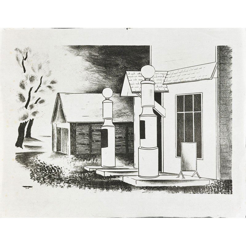 KONRAD CRAMER (American/German, 1888-1963): Two works on paper: Lithograph, "Gas Pump," 1931 and charcoal and pencil on paper, "Sketch for Rondant Harbor Etching," 1935 (both unframed); Both signed and dated, one titled; Larger: 15" x 16 1/2"