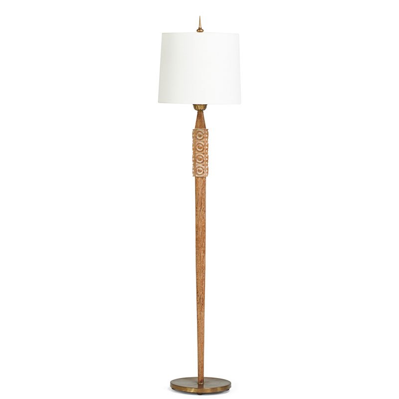 STYLE OF JAMES MONT: Floor lamp, USA, ca. 1960; Carved oak, brass, linen shade, single socket; Unmarked; 64" x 14" dia.