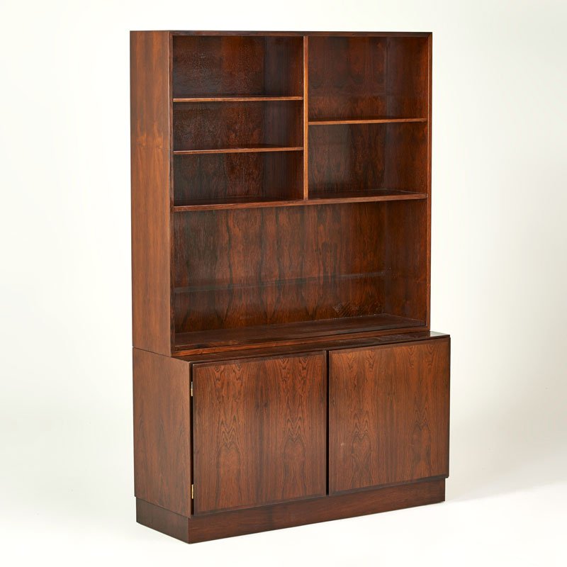 OMANN JUN: Two-door cabinet and hutch top, Denmark, ca. 1980; Rosewood; Foil label; 74" x 47" x 17"