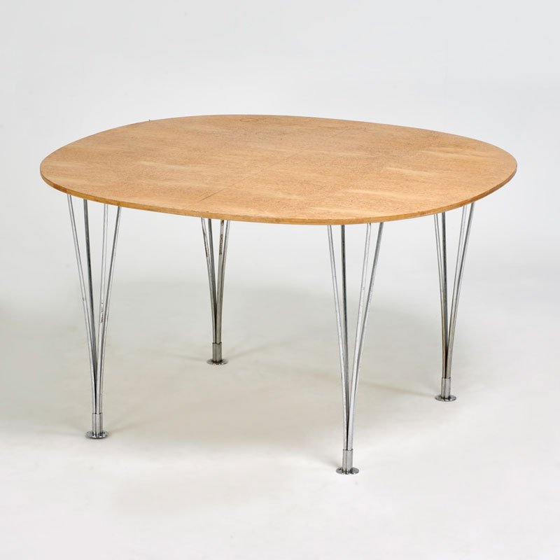 PIET HEIN & BRUNO MATHSSON; FRITZ HANSEN: Superellipse" table, Sweden, ca, 1970; Chromed steel, beechwood burl veneer; Foil label; 27 1/2" x 47 1/2" x 47 1/2"