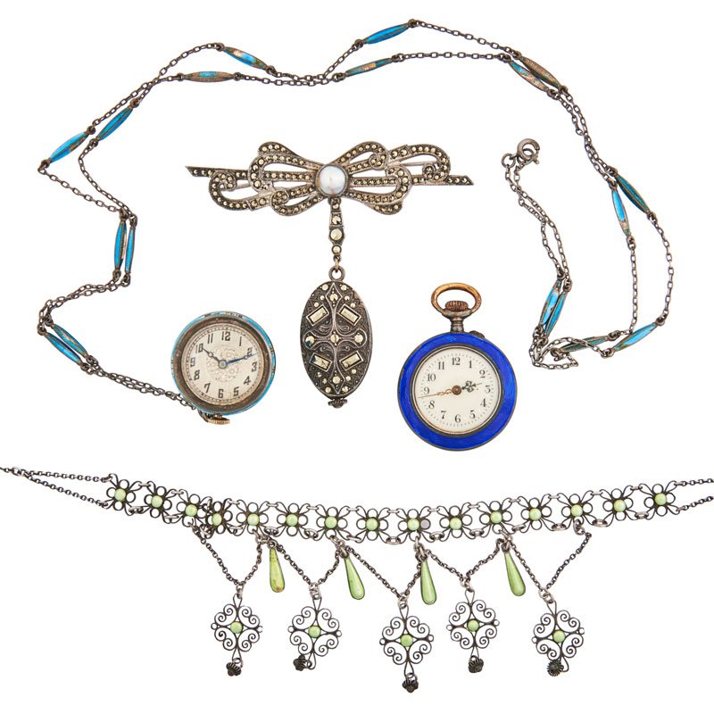 THREE LADIES ENAMELED SILVER WATCHES & FRINGE NECKLACE: Comprising a pin set pocket watch with cobalt enamel; Turquoise enameled pendant watch with roses; Lapel watch with marcasites by Bucherer; Silver filigree fringe necklace with pale green enamel. 17".