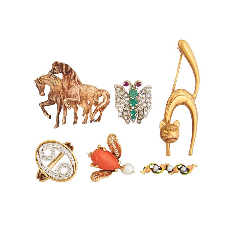 YELLOW GOLD & GEM-SET WHIMSICAL ANIMAL BROOCHES, ETC. (1 of 1)