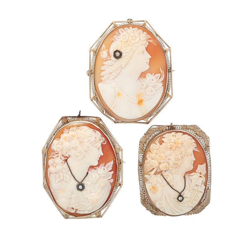 THREE FINE CARVED SHELL DIAMOND SET CAMEO HABILLE (1 of 1)