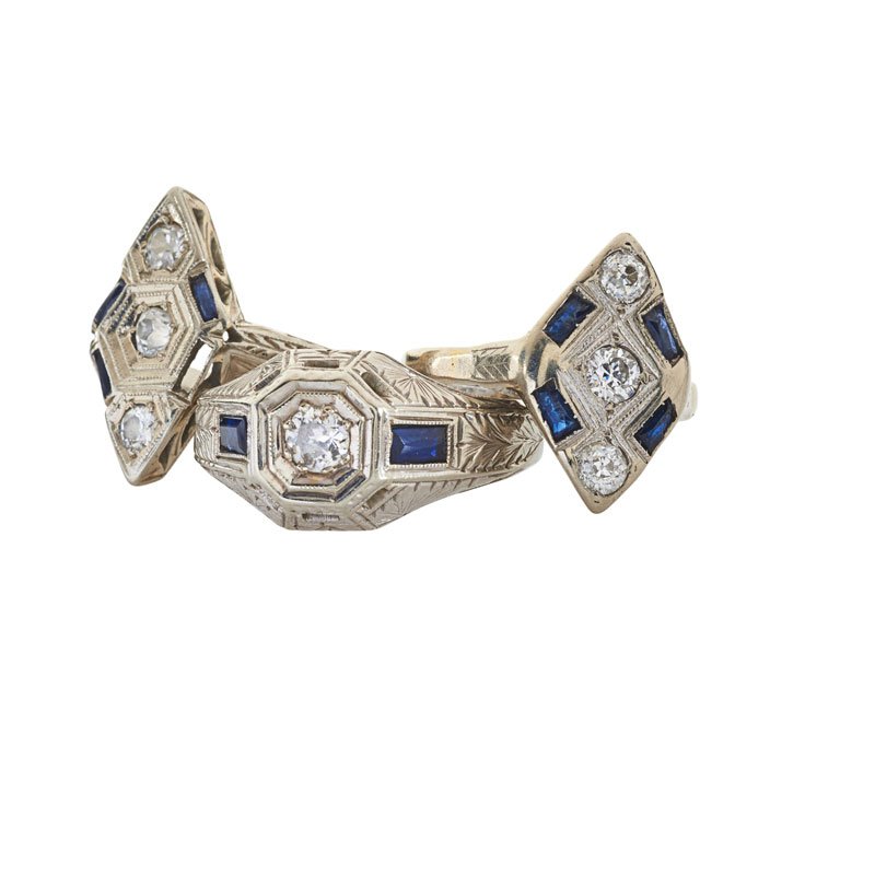 THREE ART DECO DIAMOND, SAPPHIRE, WHITE GOLD RINGS (1 of 1)