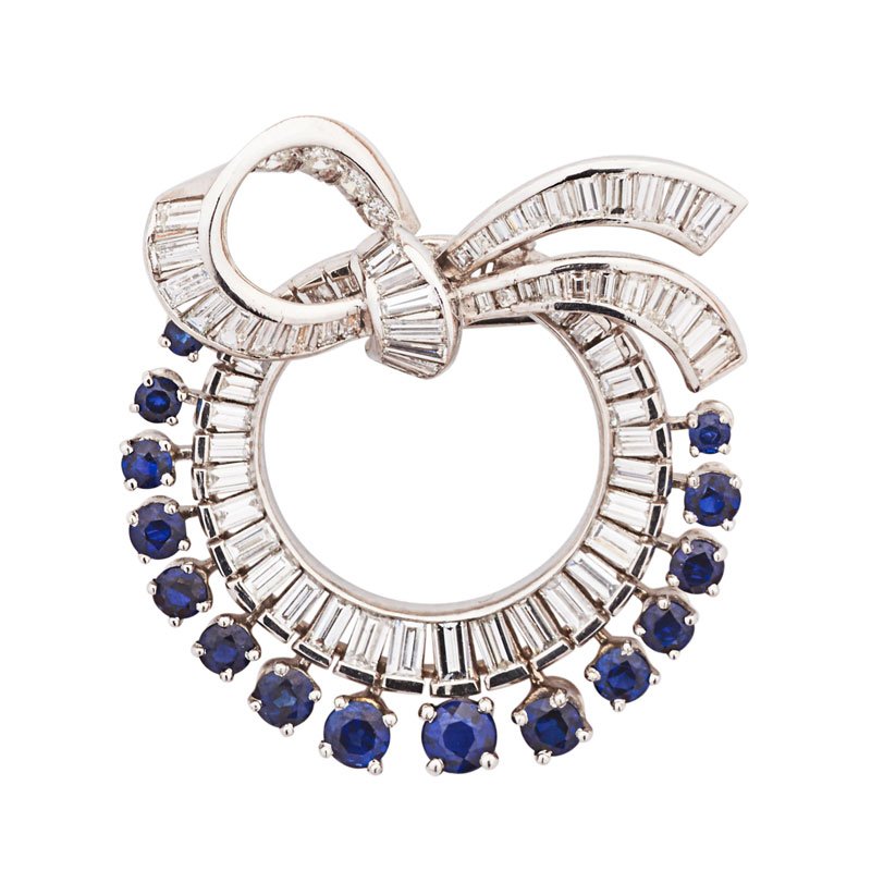 DIAMOND, SAPPHIRE & WHITE GOLD RIBBON BROOCH (1 of 1)