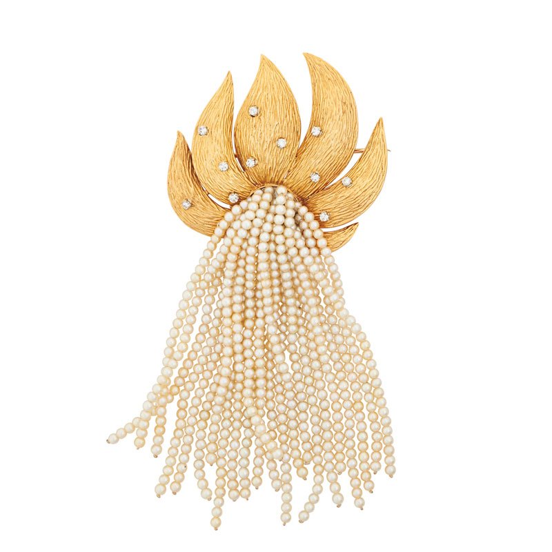 NATURAL PEARL, DIAMOND & YELLOW GOLD BROOCH (1 of 2)