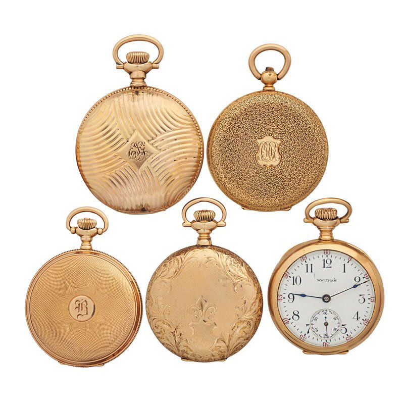 FIVE AMERICAN OR SWISS YELLOW GOLD POCKET WATCHES (1 of 2)