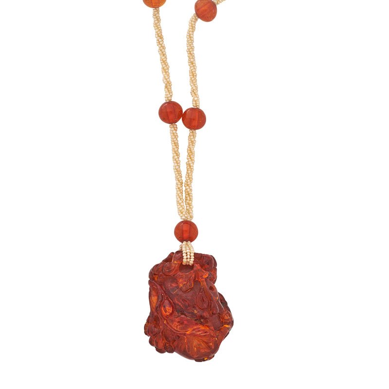 CHINESE CARVED AMBER SEED PEARL LAVALIERE (1 of 8)