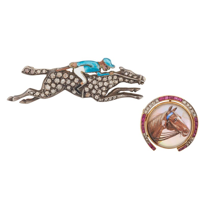 TWO GEM SET SILVER OR GOLD EQUESTRIAN BROOCHES (1 of 2)