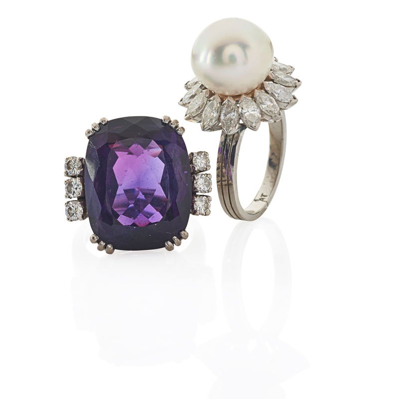 TWO AMETHYST OR PEARL & DIAMOND WHITE GOLD RINGS (1 of 1)