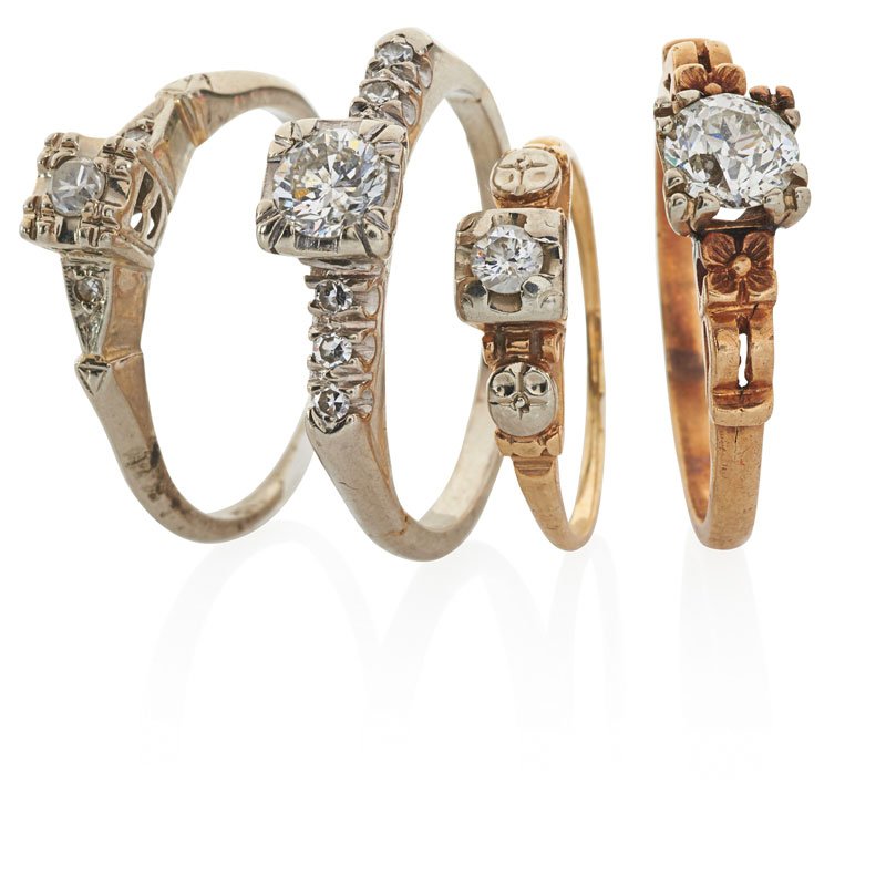 FOUR RETRO DIAMOND & GOLD ENGAGEMENT RINGS (1 of 1)