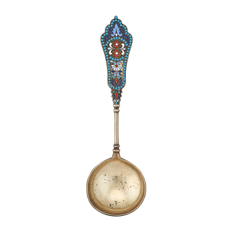 GUSTAV KLINGERT SILVER AND ENAMEL SPOON: Silver spoon with cloisonné enamel decoration, assayer Anatoliì Apollonovich Artsibashev, Moscow, Russia, 1891; Marked; 7 1/4"; 2 OT