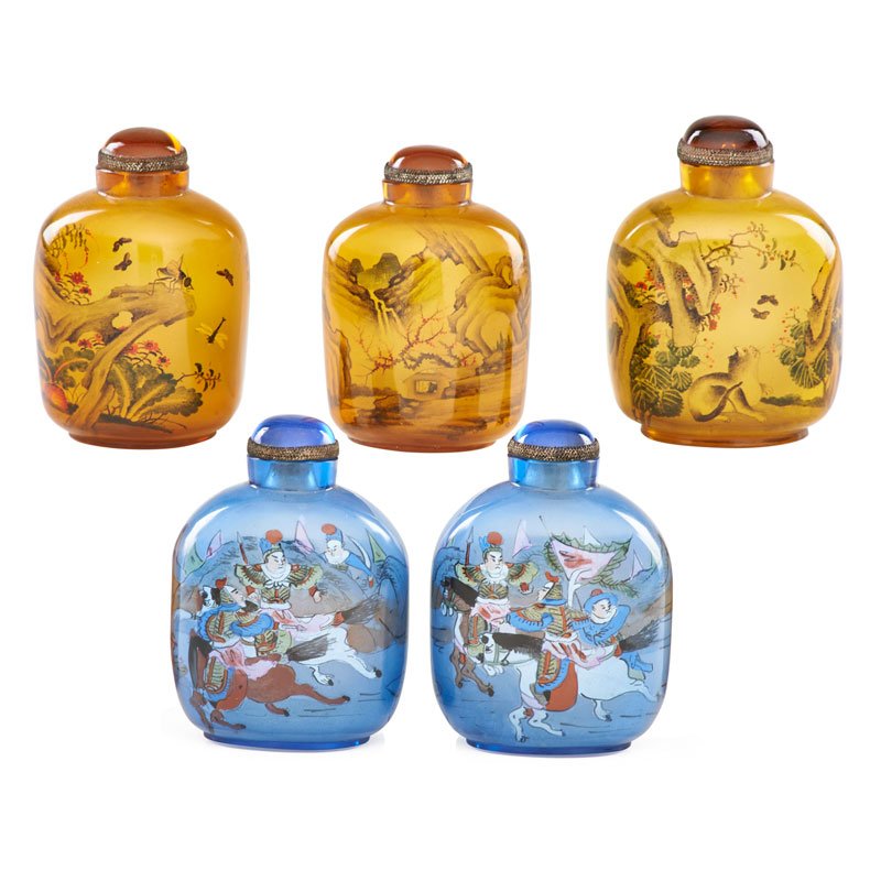 CHINESE REVERSE-PAINTED SNUFF BOTTLES: Five bottles: Three brown glass examples painted with landscapes and insects together with two blue glass examples painted with warriors on horseback, China; Three signed; Tallest: 3 3/4" x 2 3/4" x 1