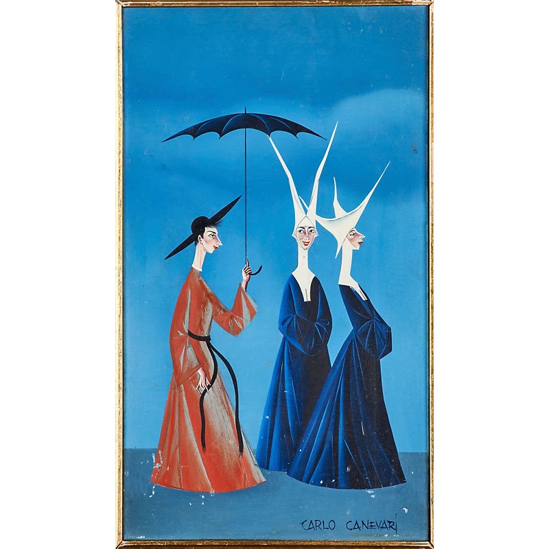 CARLO CANEVARI (Italian, 1922-1996): Untitled (two nuns followed by a priest); Oil on board (framed); Signed; 8" x 13 1/2"