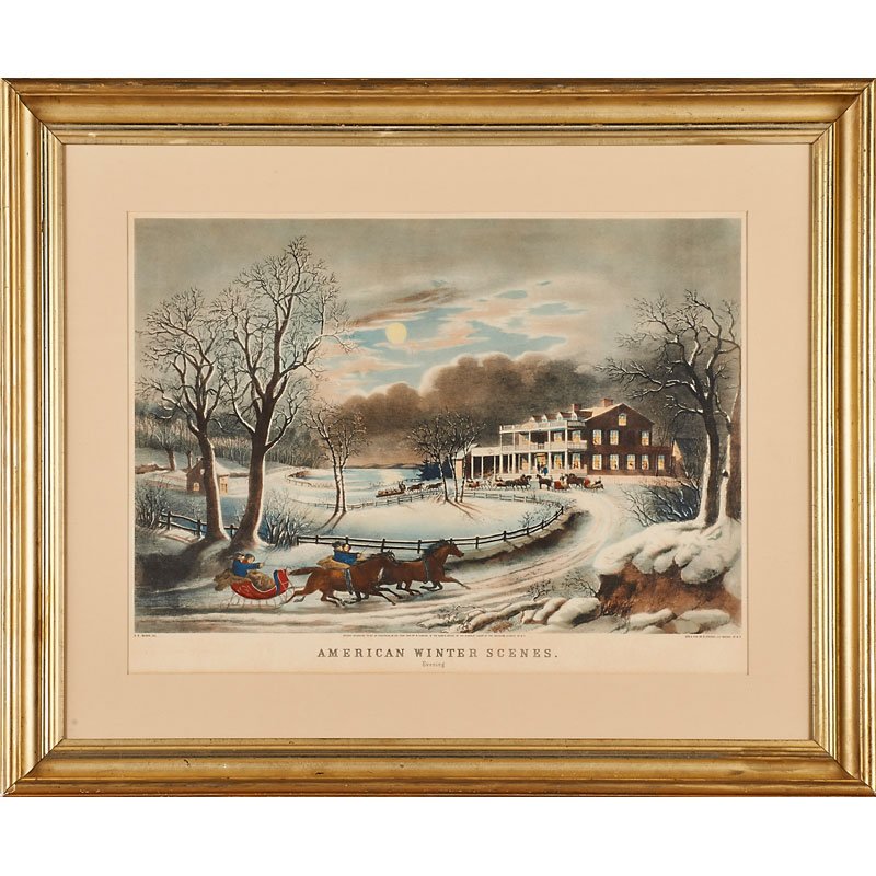 CURRIER & IVES (American, 1857-1907): American Winter Scene, Evening, late 19th c.; Lithograph with hand coloring (framed); Published by Nathaniel Currier; 18" x 24 1/4" (sight)