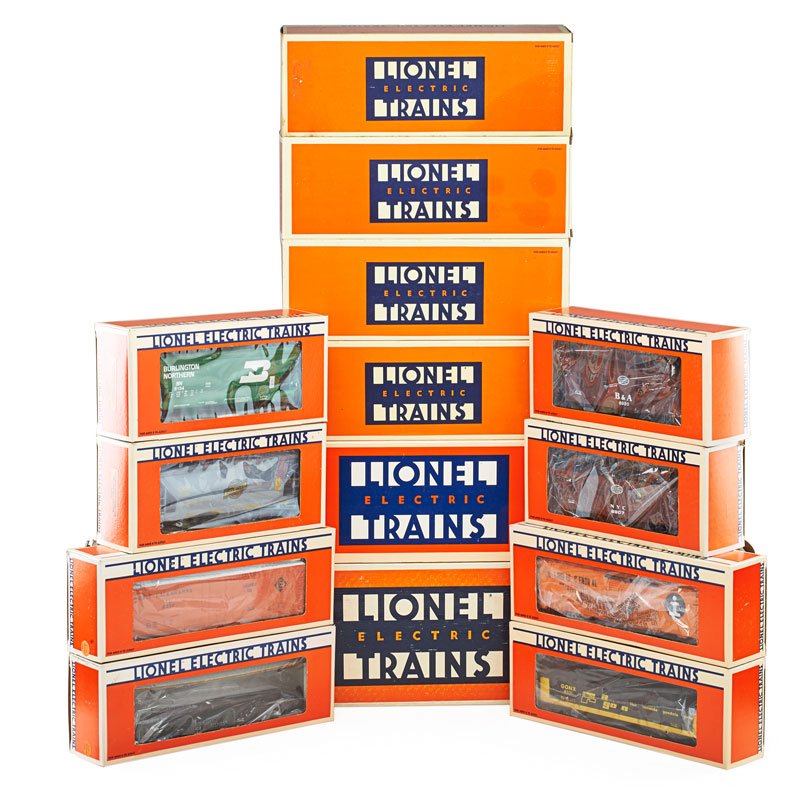 LIONEL POST-WAR TURBINE, ENGINE AND CARS: Fourteen pieces: Including B & A Hudson engine and tender, Pennsylvania S-2 6-8-6 turbine, Pennsylvania boxcar, Baltimore & Ohio hopper car, Pennsylvania N-8 caboose, New York Central caboose along wi