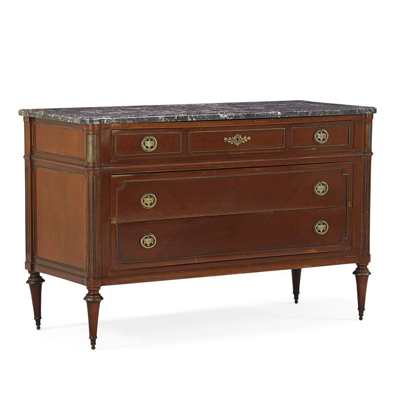 LOUIS XVI STYLE MAHOGANY COMMODE: Grey veined marble top above three drawers on round tapered legs, France, early 20th c.; 33" x 50 1/2" x 21 1/2"