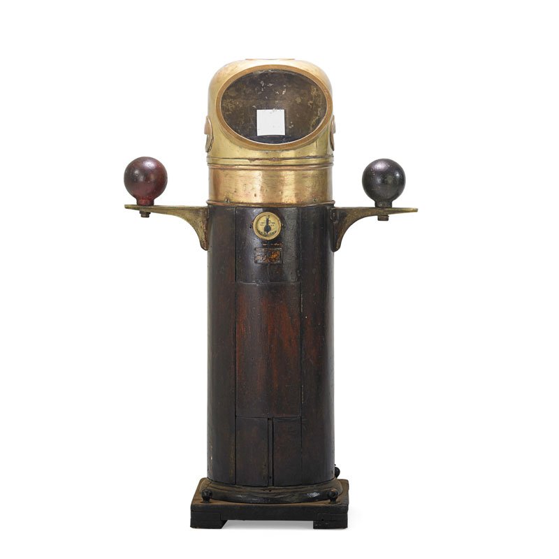 LIONEL CORPORATION SHIP'S BINNACLE: In a brass and mahogany case, U.S.A., early 20th c.; 52" x 32"