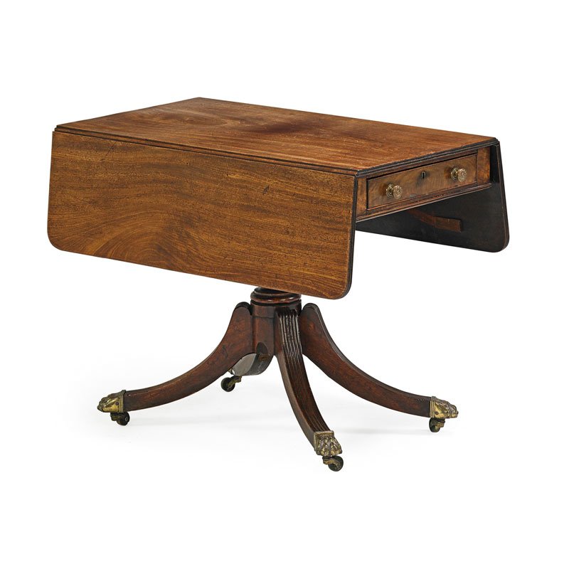 GEORGE III DROP LEAF BREAKFAST TABLE: Pedestal base on paw feet, England, 19th c.; Closed: 28" x 36" x 20"