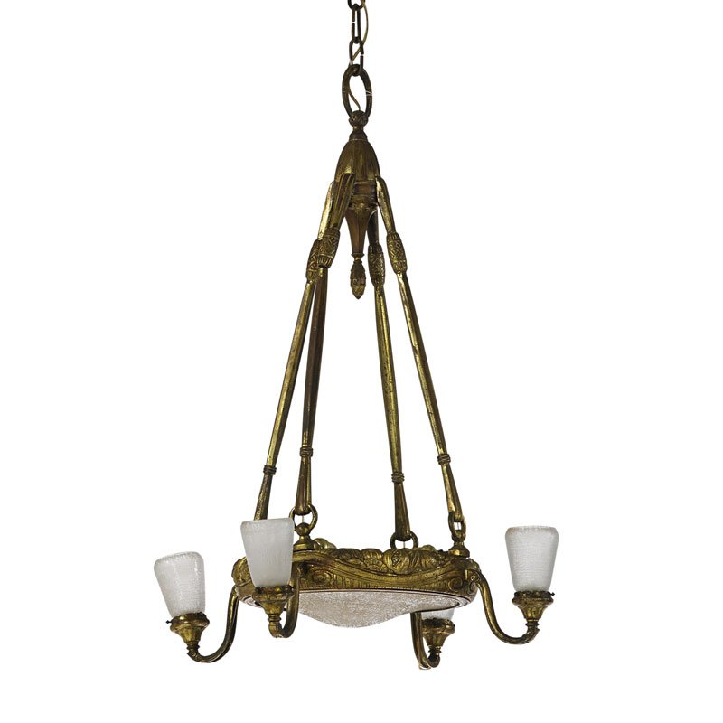 DAUM NANCY FROSTED GLASS CHANDELIER: Four arm, gilt bronze incised with ribbon, flowers and fruit, France, ca. 1925; Signed; 36" x 16"