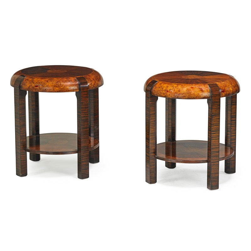 PAIR OF ART DECO PARQUETRY VENEERED SIDE TABLES: Each with a circular top and under tier, U.S.A., 20th c.; 27" x 24 1/2"