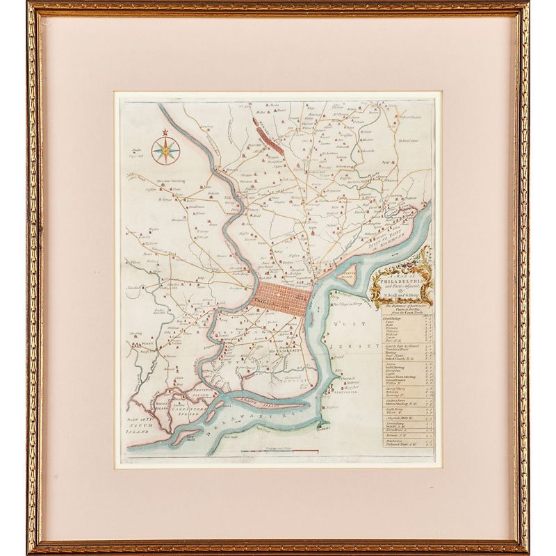 18TH C. MAPS OF PHILADELPHIA & BOSTON: Map of Philadelphia and parts adjacent, by N. Scull and G. Heap and Boston town plan and harbor chart; Hand-colored engravings (framed separately); Each: 12" x 14"