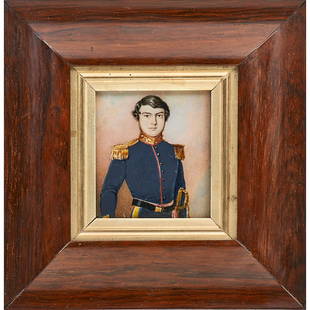 ROBERT FIELD (English-American, 1769-1819) ATTR.: Military watercolor on paper portrait of Admiral Sir Edward Belcher, Nova Scotia British Naval officer, label on back reads "Painted by Robert Field at Halifax about 1817"; 4" x 3 1/2" (sight)