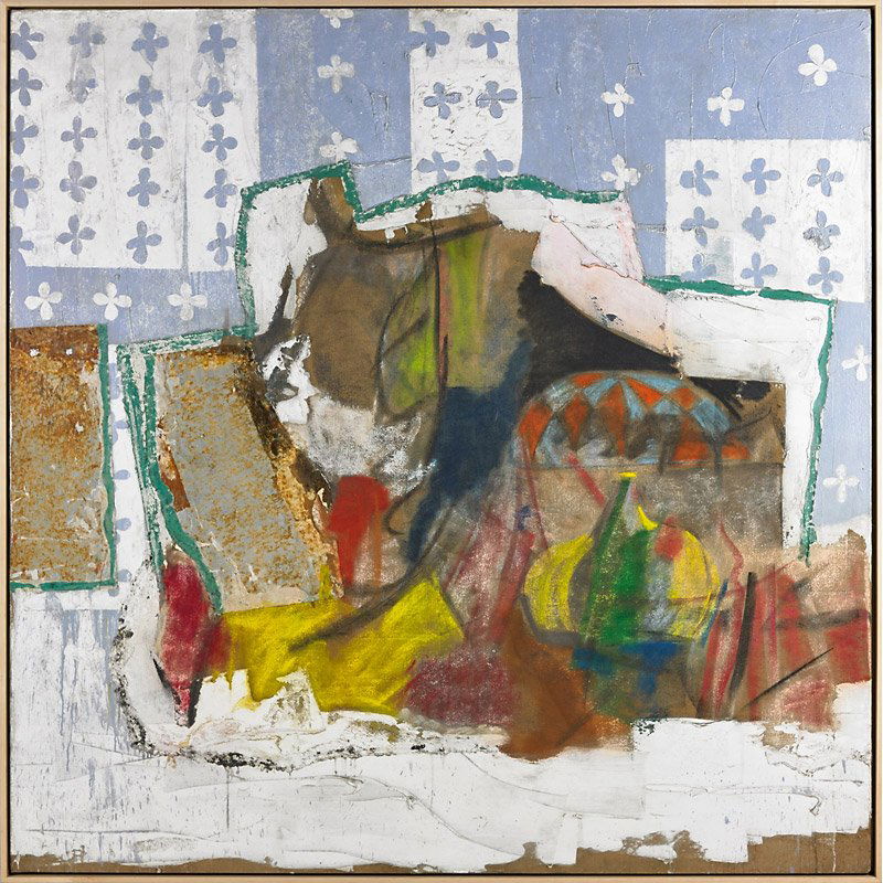 Michael Goldberg (American, 1924–2007): Still Life with Tiffany Lamp, 1964; Oil on canvas with collage; Signed, dated and tilted; 78" x 78"; Provenance: Vanderwoude Tananbaum Gallery, New York (label on verso); Knoedler & Company Gallery, N