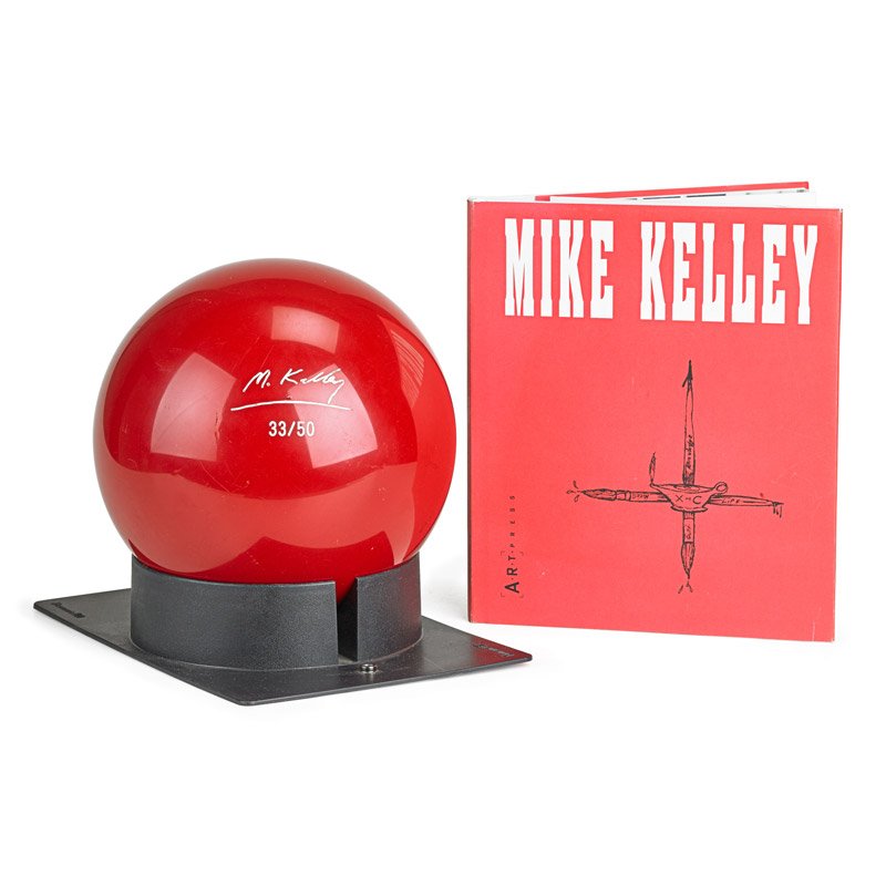 Mike Kelley (American, 1954-2012): Untitled (Bowling Ball, Stand and Catalogue), 1991; Bowling Ball is printed with signature and number 33/50; Catalogue is signed and dated 1992; Publisher: A.R.T. Press, Los Angeles; Provenance: Priva