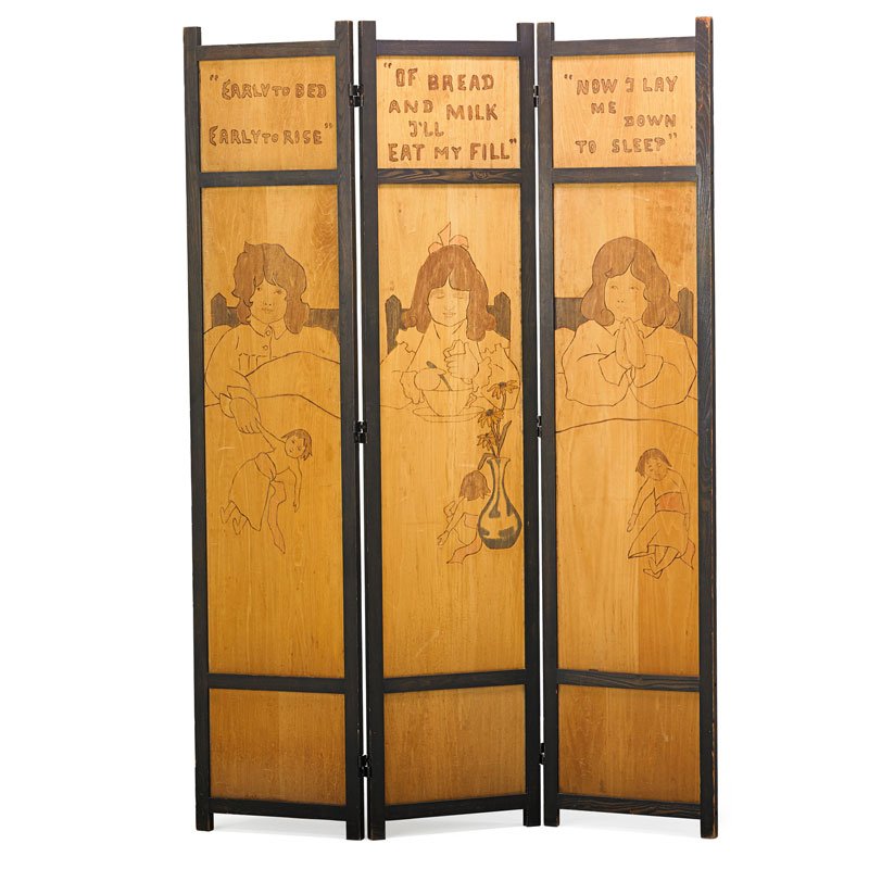 ARTS & CRAFTS Pyrography screen: ARTS & CRAFTS Three-panel pyrography screen "Early to Bed, Early to Rise, Of Bread and Milk, I'll Eat My Fill, Now I Lay Me Down to Sleep," USA, early 20th C. Unmarked Each panel: 65 3/4" x 15" Proven