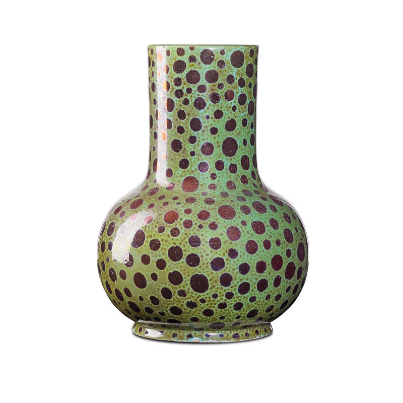 JEROME MASSIER Bulbous vase: JEROME MASSIER (1820 - 1916) Bulbous vase with spots, Vallauris, France, 1893 Signed J.M. 1893 with partial original paper label 10 1/2" x 7"