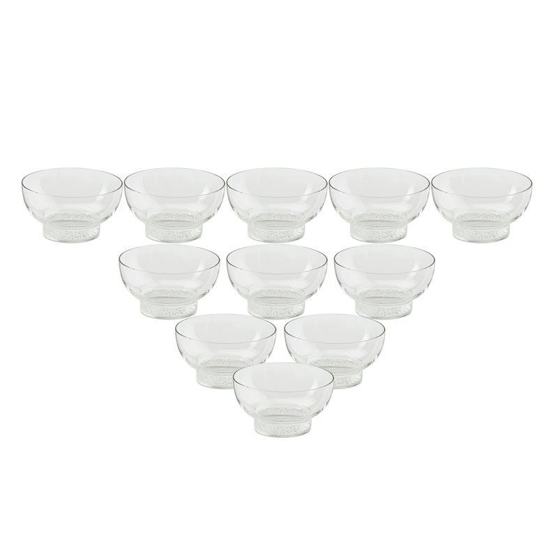 LALIQUE Eleven "Ricquewihr" finger bowls: LALIQUE Eleven "Ricquewihr" finger bowls, France, des. 1931 M p. 728 no. 3110 All acid-etched R. LALIQUE FRANCE 2 1/8" x 4 3/4"