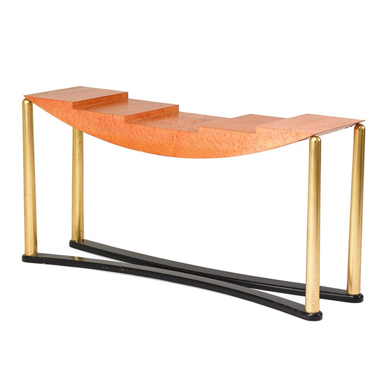 HANS HOLLEIN Schwarzenberg table: HANS HOLLEIN (1934 - 2014) MEMPHIS MILANO Schwarzenberg table, Italy, 1980s Painted and gilt wood, stained burled veneer Unmarked 31" x 63 1/2" x 16" Literature: G. Gramigna and P. Biondi, "Il Design