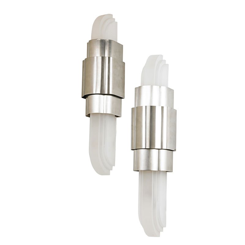 RON SEFF Pair of Deco sconces: RON SEFF Pair of Deco sconces, New York, 2000s Plated brass, frosted lucite, two sockets Unmarked 26" x 6" x 5 1/2"