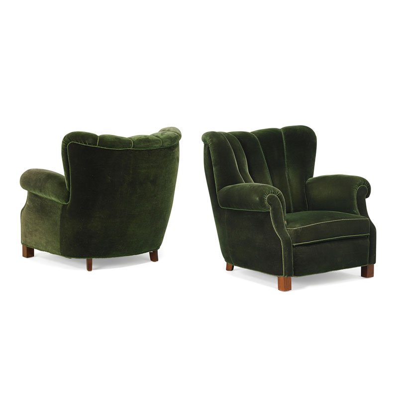 FRITZ HANSEN Pair of armchairs (no. 1490): FRITZ HANSEN Pair of armchairs (no. 1490), Denmark, 1940s Stained wood, mohair Unmarked 33 1/2" x 34" x 39" Literature: Fritz Hansen 1942 catalog, p. 18