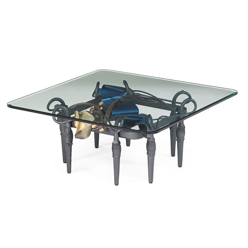 ALBERT PALEY Coffee table: ALBERT PALEY (b. 1944) Coffee table, Rochester, NY, 1999 Forged, fabricated, and polychromed steel, glass Stamped ALBERT PALEY 1999 with copyright on leg, stamped S?58 • 6 to underside 20 1/2" x 48"