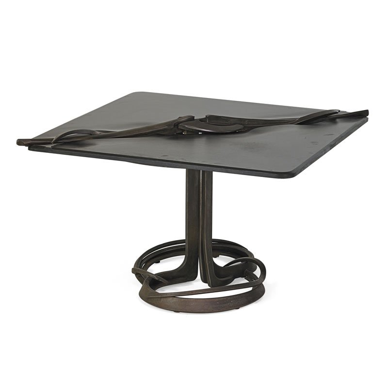 ALBERT PALEY Dining table: ALBERT PALEY (b. 1944) Dining table, Rochester, NY, 1982 Forged and fabricated steel, carved stone Stamped PALEY 1982 31 1/2" x 51" sq. Published: Lucie-Smith, The Art of Albert Paley, Abrams, 1996, p