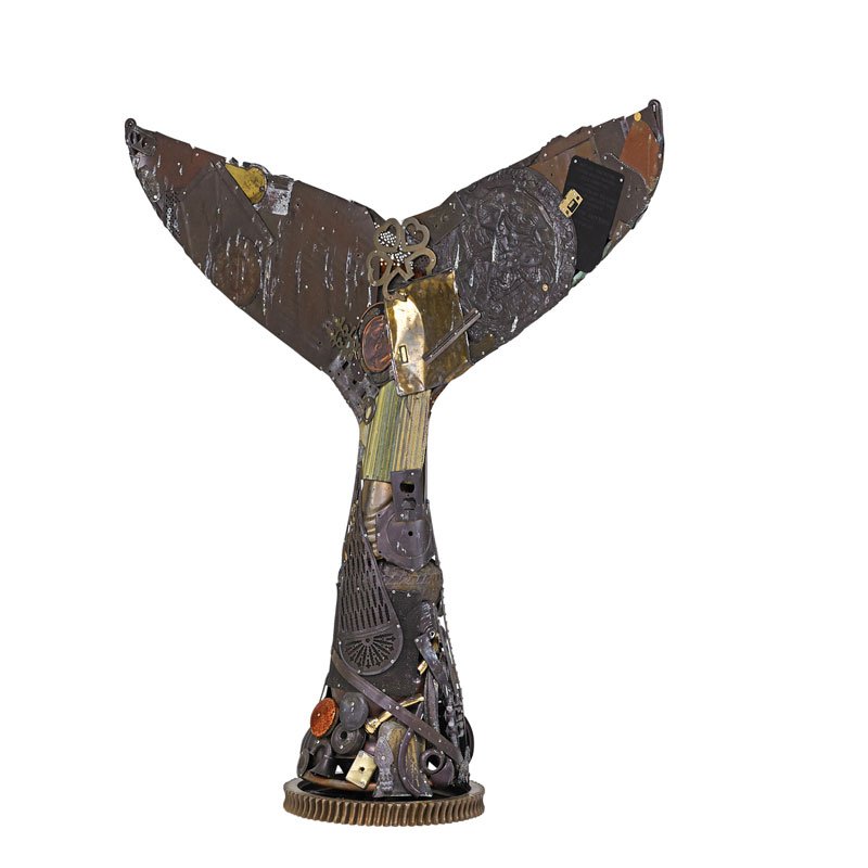 LEO SEWELL Untitled whale tail sculpture: LEO SEWELL (b. 1945) Untitled whale tail sculpture, Philadelphia, PA Reclaimed and found metal fragments Unmarked 63 1/2" x 62" x 18" dia.