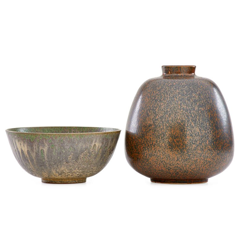 ARNE BANG; SAXBO Bowl and vase: ARNE BANG (1901 - 1983) SAXBO Glazed stoneware bowl (Arne Bang) and vase (Saxbo), Denmark, mid-20th C. Both marked Vase: 8" x 6 1/2", bowl: 3 1/2" x 7 1/2" Provenance: Collection of Dr. Seymour and Ca