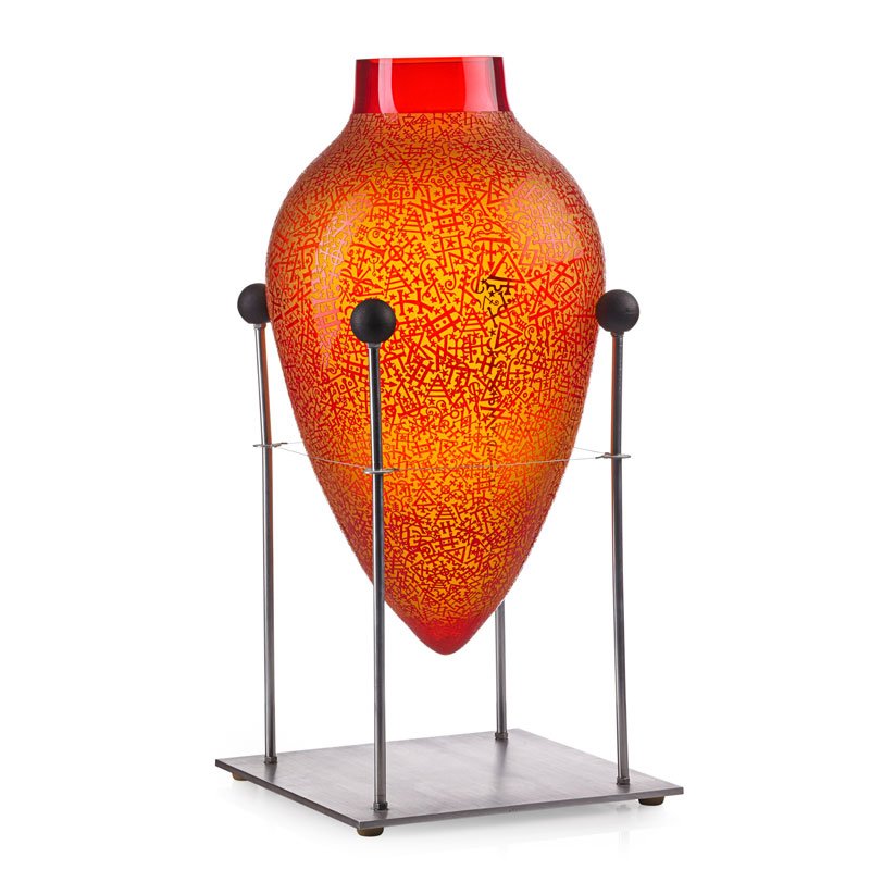 DUNCAN McCLELLAN Massive vessel: DUNCAN McCLELLAN (b. 1955) Massive vessel, Florida Blown and sandblasted glass, brushed aluminum Vessel signed Vessel only: 21" x 11", on stand: 26" x 12" sq.