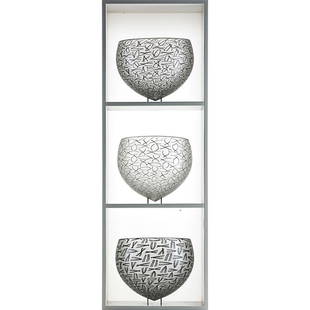 TOBIAS MOHL Three-part Nest collection: TOBIAS MOHL (b. 1970) Three-part Nest collection, Denmark, 2006 Blown and battuto glass, wood, lucite All with etched signature and date Vases: 6" x 6 3/4", box: 28" x 9 1/2" x 8 3/4"